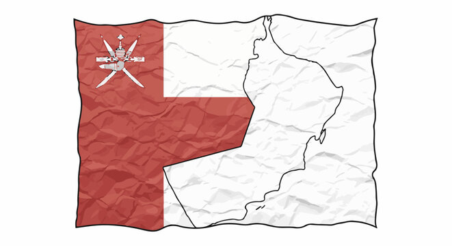 Crumpled flag and map outline of Oman with national emblem
