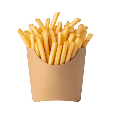 Crispy golden french fries in a paper container