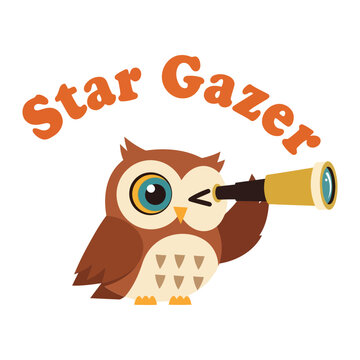 Cartoon owl looking through telescope Star Gazer brown