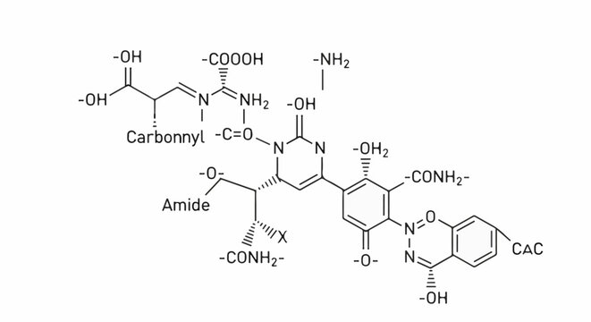Complex organic molecule with multiple functional groups, chiral centers, and fused rings