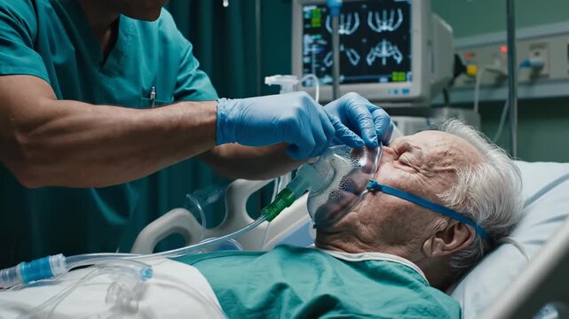 Medical Professional Carefully Attaching Oxygen Mask To A Senior Patient In Hospital