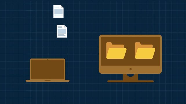Data synchronization animation showing files moving between laptop computer and desktop workstation.