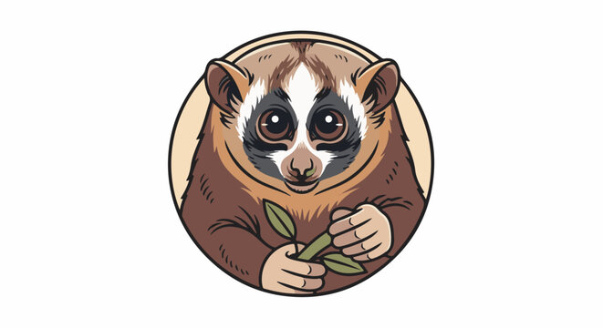 Cute cartoon slow loris holding green leaves in a circle