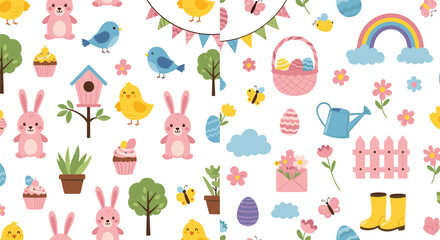 Cute Easter spring vector set featuring pink bunnies, yellow chicks, blue birds, colorful eggs, flowers, and rainbows for holiday greeting cards, nursery decor, and children stickers. © MDSaiful