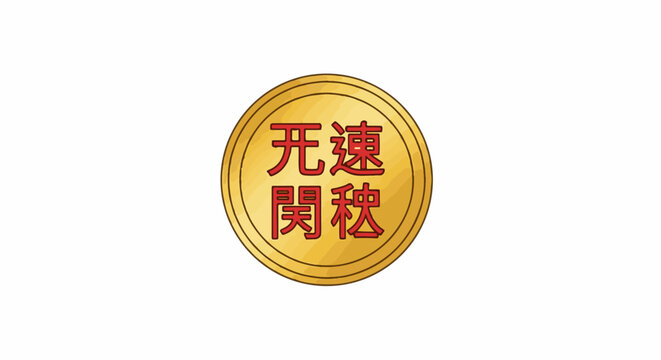 Circular golden emblem with red East Asian calligraphy