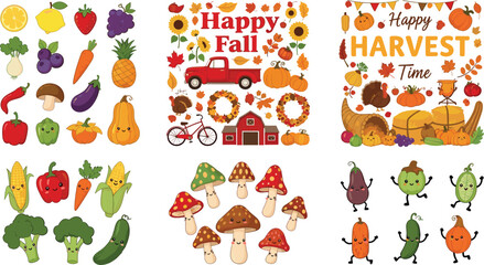 Naklejka premium Happy Fall and Harvest time vector set featuring cute cartoon vegetables with faces, autumn leaves, pumpkins, red truck, barn, and mushrooms for Thanksgiving and seasonal festival designs.