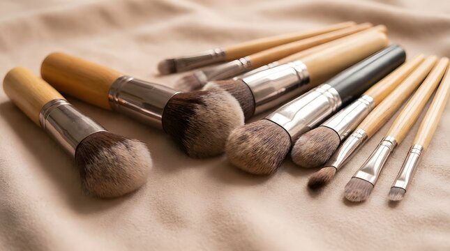 Group of makeup brushes on neutral background cosmetic tools for beauty.