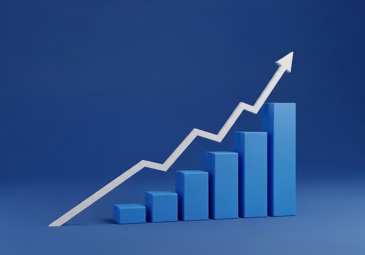 Business growth chart with rising arrow on blue background representing success and progress in finance and statistics