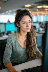 Fototapeta premium Focused Young Professional Woman Working at Computer in Modern Office