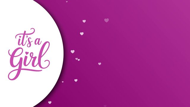 Gender Reveal Animation, "It's a Girl" Text on Pink Background with Floating Hearts and Copy Space