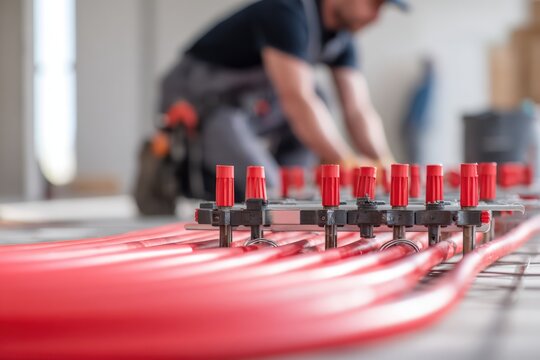 Plumber Installing Red Pipes for Floor Heating