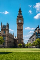 Obraz premium Big Ben clock tower at the Houses of Parliament in London standing tall against the sky in a famous city landmark scene