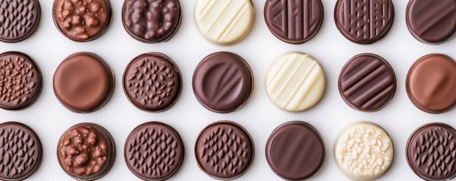 Assorted oval dark, milk and white chocolates with diverse textures, flat lay on white, forming a delightful pattern of gourmet confectionery. Dessert, Sweets