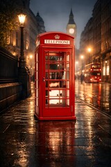 Naklejka premium A red London phone booth and bus stop glowing under city lights at night on a quiet street in England