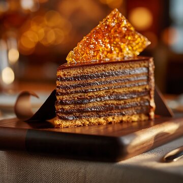 Slice of traditional Dobos torte cake with caramel shard on wood