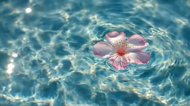 Pink flower floating on rippling blue water surface with sunlight reflections