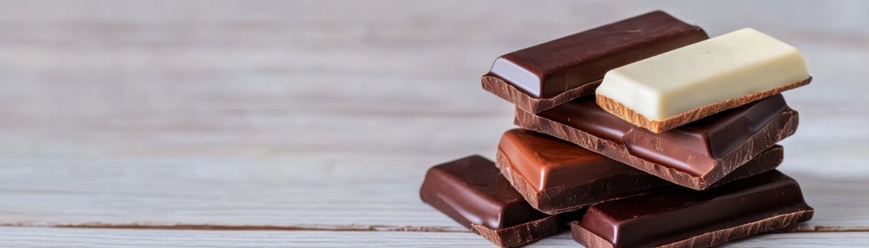 Close-up A tempting stack of assorted chocolate bars&acirc;&euro;&rdquo;dark, milk and white&acirc;&euro;&rdquo;on a light wood background, embodying rich flavor and sweet indulgence, Dessert, Confectionery
