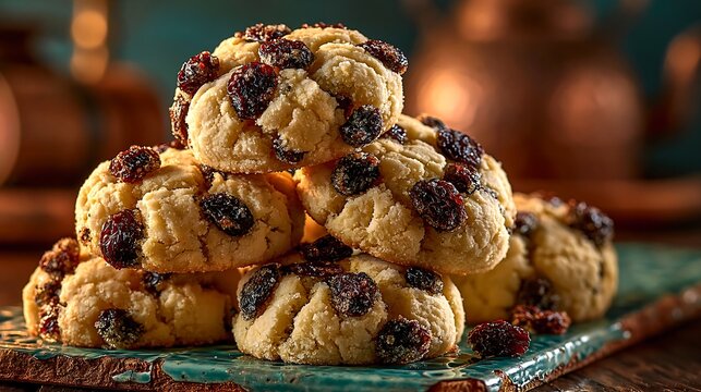 Stack of traditional shirini kishmishi biscuits with raisins
