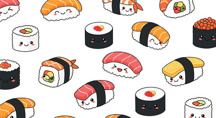 Cute sushi pattern with smiling sushi rolls and nigiri cartoon vector illustration seamless background featuring kawaii Japanese food characters and playful design © MSTRazia