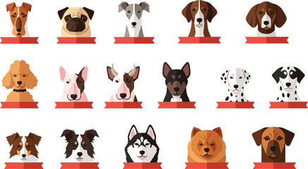 Dog breeds collection with different cute puppy faces including bulldog dalmatian husky poodle beagle and terrier cartoon vector illustration set © MSTRazia