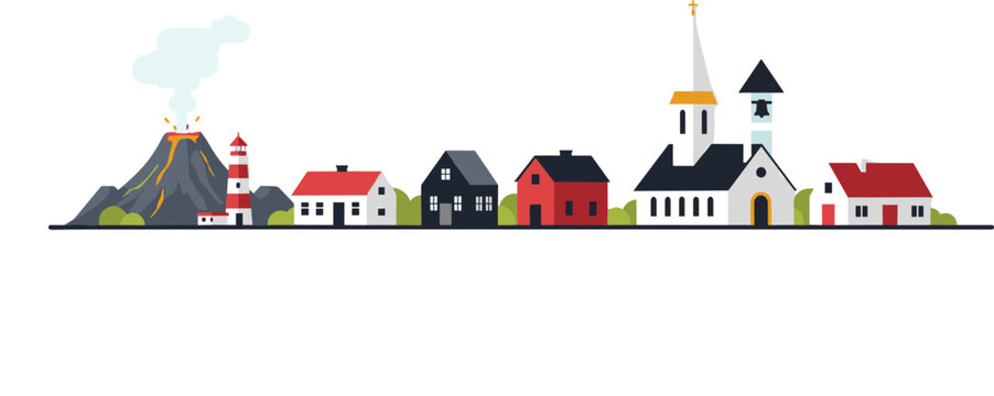Small town landscape with volcano lighthouse church and houses flat vector illustration showing rural village skyline with simple buildings and nature elements