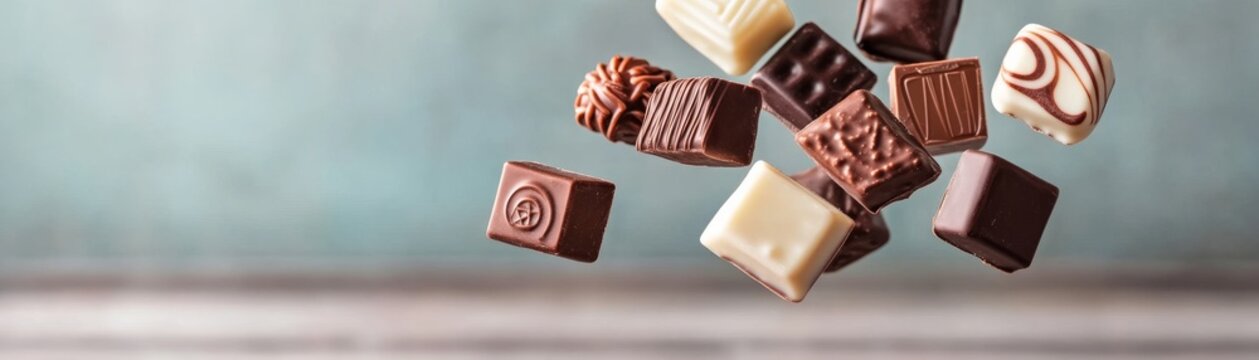 Delicious assorted chocolate pralines in various shapes and colors gracefully fall and levitate, isolated on a tranquil blue background with ample copy space. Indulgence, Confectionery