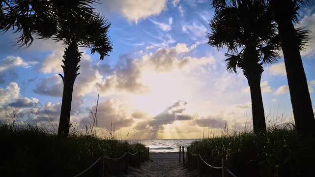 Sunrise over Atlantic Ocean through palm trees on beach. Silhouette of palm trees framing a path leading to the beach during sunrise in Miami, USA.