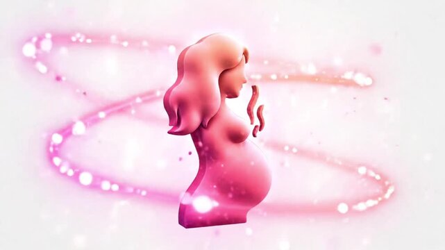 Elegant animated line-art icon of a pregnant woman silhouette, soft pink and peach gradient glow, gentle breathing animation effect, floating light particles, clean white background