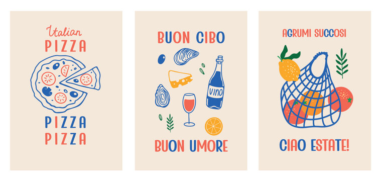 Italian food and drink, set of vertical wall decorative posters, cover, card, modern, doodle, Mediterranean, vector illustration 