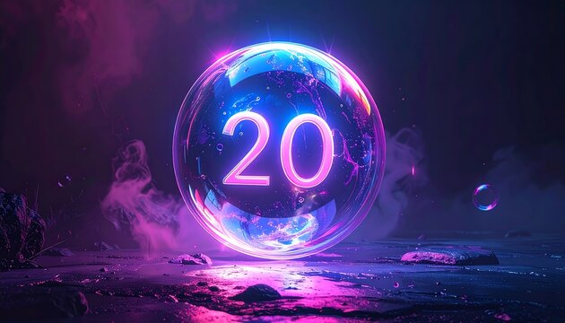 Glowing purple neon orb with number twenty floats above dark smoky ground
