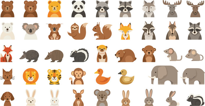 Cute animal faces and full body wildlife collection with bear fox lion elephant rabbit dog raccoon duck cartoon vector illustration set