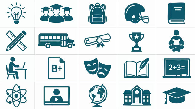 Education icons set. School, university, learning, science, and arts symbols.