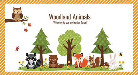 Estores personalizados con tu foto Woodland animals banner with raccoon fox squirrel rabbit bear owl and forest trees cartoon vector illustration with cute nature scene for kids