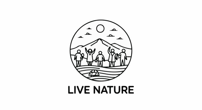 Circle logo with mountains, people, and sun above water