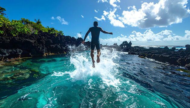 Person in a wetsuit jumping into a deep turquoise rock pool with a massive frozen splash of sparkling water droplets generative AI