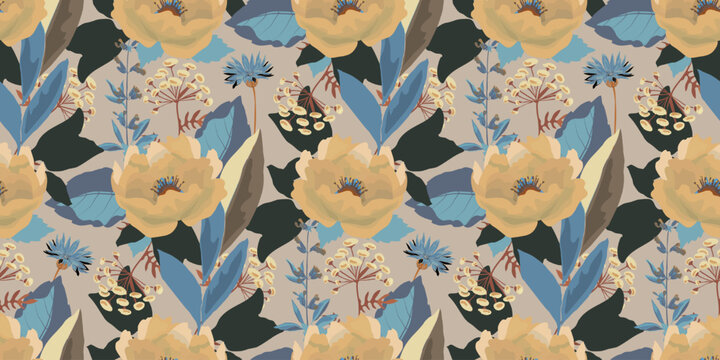 Floral seamless vector pattern with peonies and cornflowers.