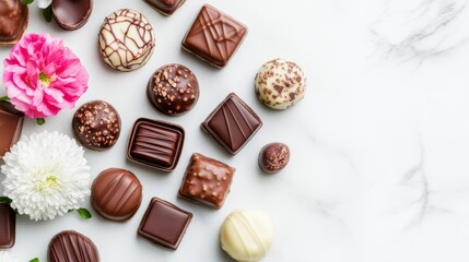 Fototapeta premium Gourmet Chocolate Bonbons and Pralines with Fresh Flowers on White Marble. Elegant flat lay, symbolizing luxury and sweet indulgence. Dessert, Gift