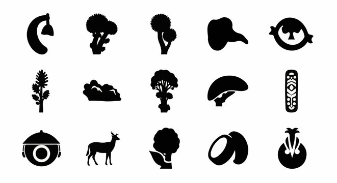 Collection of black silhouettes of trees, plants, a deer, a lamp, and a remote