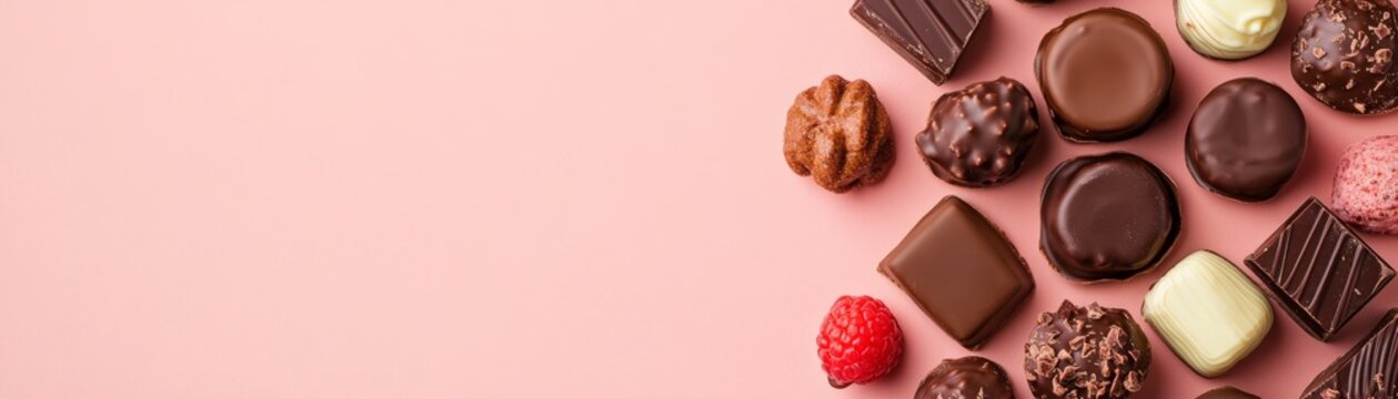 Gourmet Chocolate Praline Assortment with Raspberry on Pink Background. Flat Lay Top View Banner with Copy Space. Sweet Treats, Dessert Indulgence, Confection