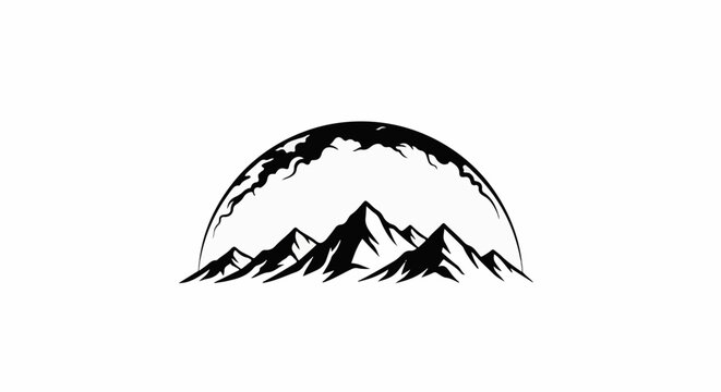 Black silhouette of jagged mountain peaks under a stylized, broken semi-circle horizon