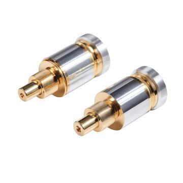 Two gold-plated male to female rca audio connectors with brass screws isolated on transparent background
