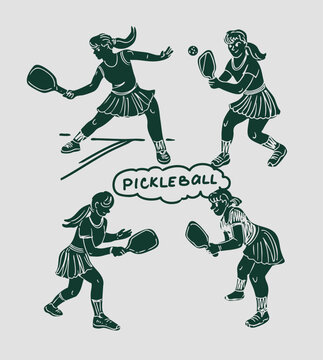 Pickleball players girls, set of doodle monochrome illustrations