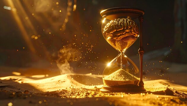 Golden hourglass on sandy surface with dust particles and sunlight rays