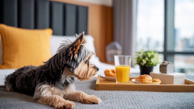 A small Yorkshire Terrier dog lying on a bed with a breakfast tray, window, and cityscape in the background.