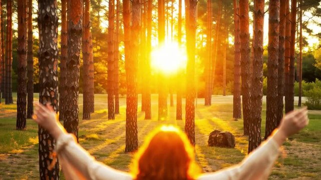A woman with long curly red hair stands in a sunlit forest at golden hour, facing away with arms outstretched.