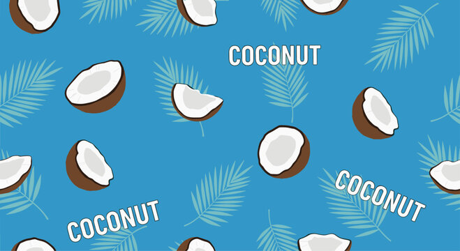Tropical seamless pattern featuring halved and sliced coconuts scattered with palm leaves and the word coconut on a bright blue background.