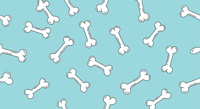 Seamless pattern design with various white dog bones oriented in different directions over a soft light blue background for pet products.