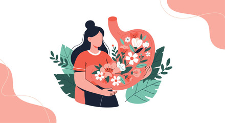 Fototapeta premium Young woman holding a stylized human stomach filled with blooming flowers representing gut health and digestive wellness concepts.