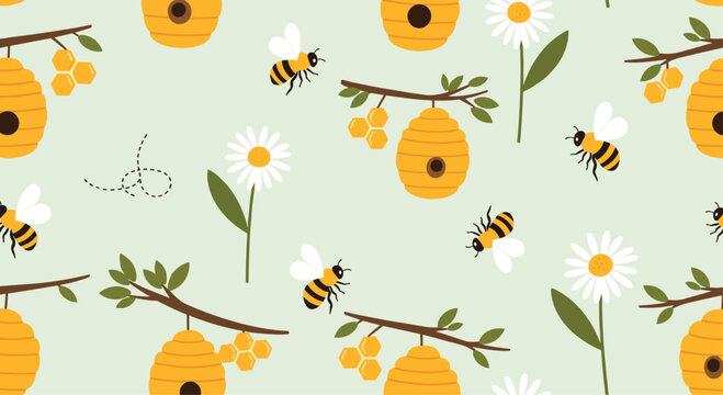 Summer nature pattern with bees flying around beehives on branches and white daisy flowers for organic honey and gardening themes.