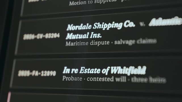 List of legal cases featuring case numbers, parties involved and the nature of the suit